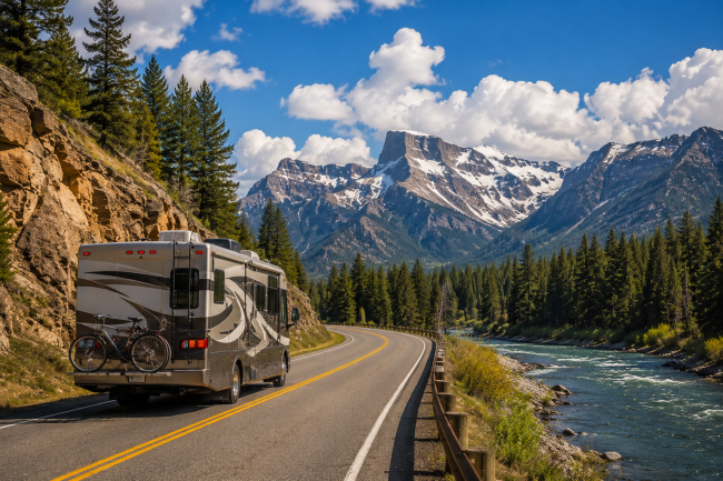 Scenic RV drive near Cody Wyoming on the way to Yellowstone National Park
